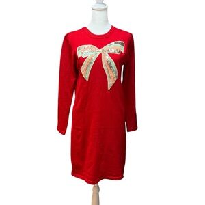 Red Christmas/Holiday Sweater Dress with Bow Detail-No Size-See Measurements